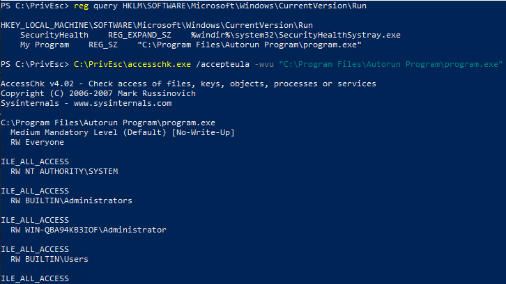 reg query output listing two AutoRun entries, including "My Program" pointing to "C:\Program Files\Autorun Program\program.exe", followed by accesschk confirming RW Everyone FILE_ALL_ACCESS on that executable
