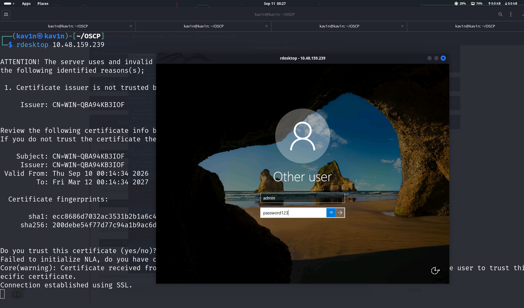 rdesktop connecting to the target and logging in as the admin account