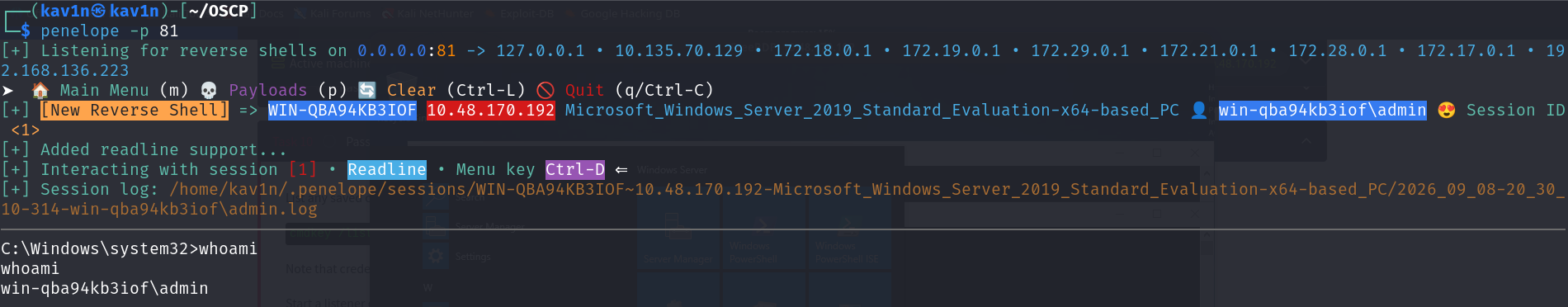 Reverse shell listener catching a new session authenticated as win-qba94kb3iof\admin