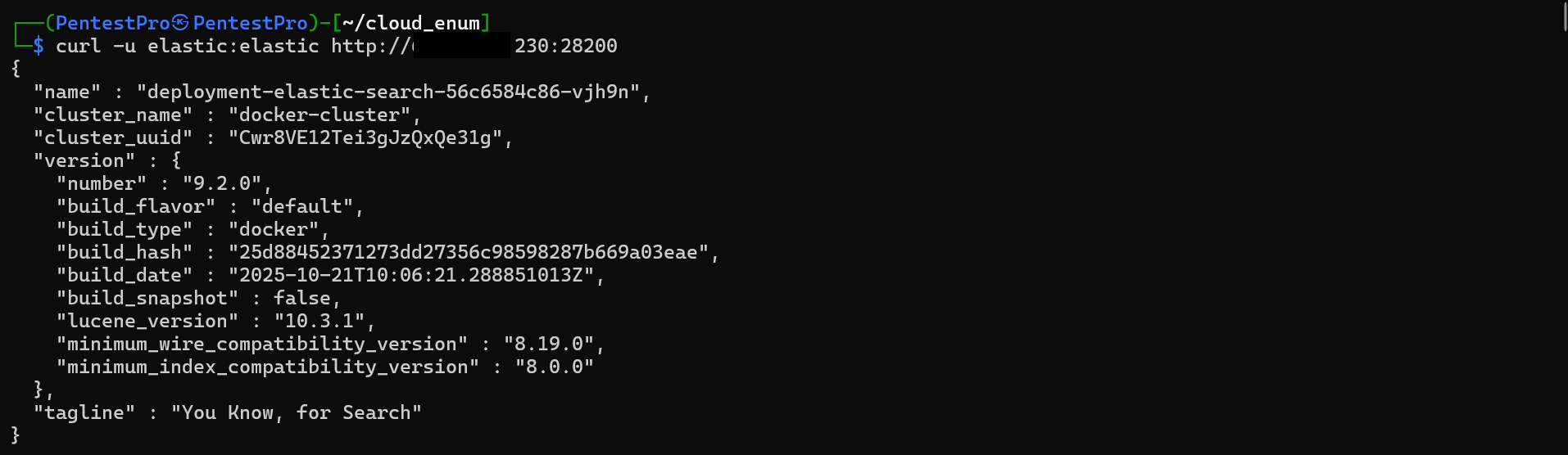 Terminal output of curl -u elastic:elastic against the Elasticsearch root endpoint, returning full cluster info: name, cluster_name docker-cluster, version 9.2.0, and the tagline "You Know, for Search"