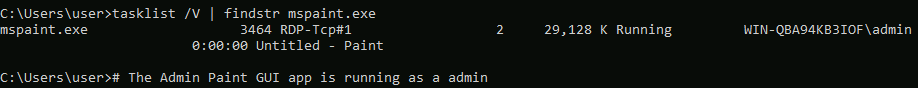 tasklist /V output showing mspaint.exe running under the WIN-QBA94KB3IOF\admin account