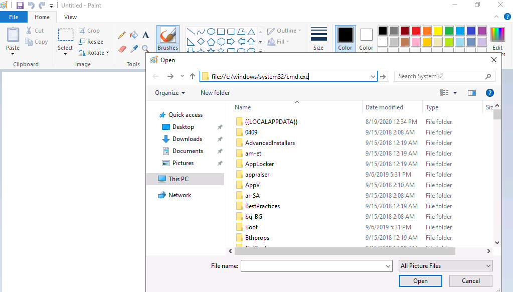 Paint's Open dialog with the address bar showing file:/c:/windows/system32/cmd.exe, listing the contents of System32