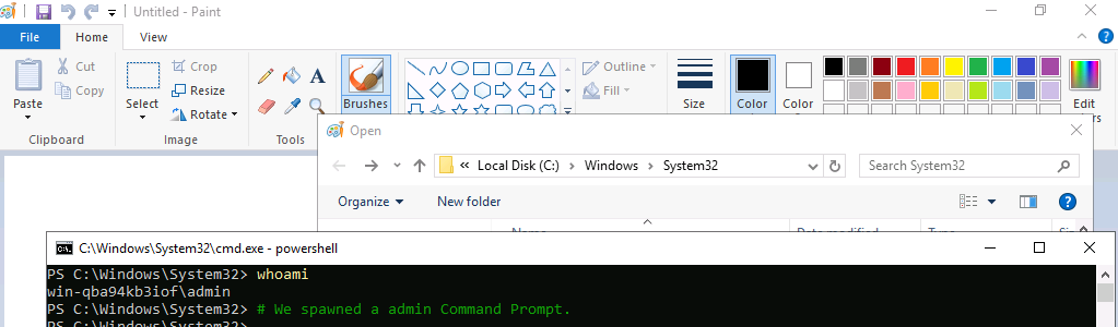 Command prompt spawned from within the Paint file dialog, with whoami confirming the win-qba94kb3iof\admin context