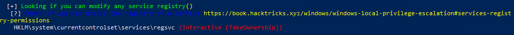 Enumeration output flagging that the registry key for the "regsvc" service can be modified, with Interactive access and TakeOwnership rights