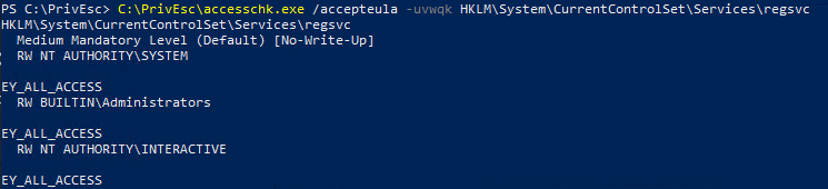 accesschk output showing NT AUTHORITY\INTERACTIVE has KEY_ALL_ACCESS on the regsvc registry key