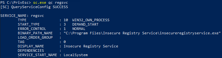 sc.exe qc regsvc output showing the service runs as LocalSystem with BINARY_PATH_NAME "C:\Program Files\Insecure Registry Service\insecureregistryservice.exe"