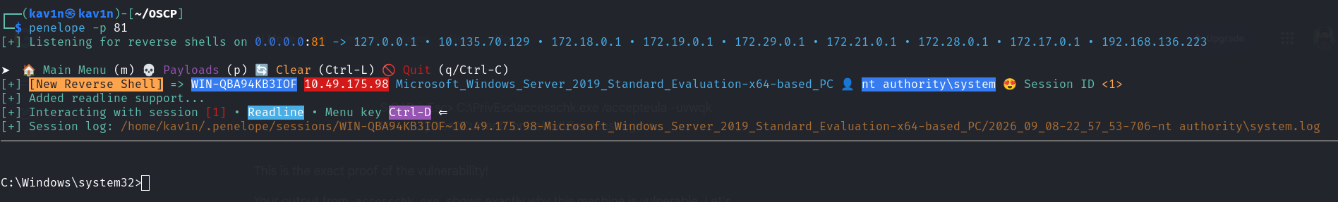 Reverse shell listener catching a new SYSTEM session on WIN-QBA94KB3IOF after starting the reconfigured service