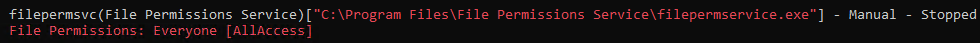 Enumeration output flagging the filepermsvc service's binary as writable by Everyone, with AllAccess rights