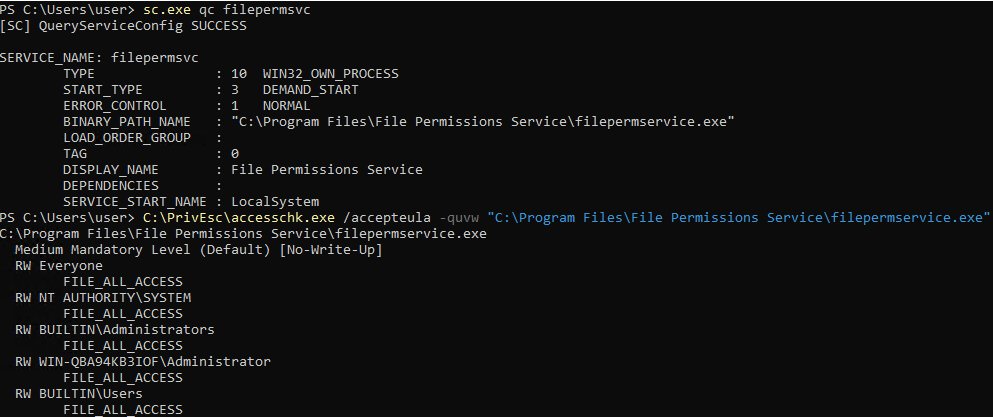 sc.exe qc filepermsvc showing SERVICE_START_NAME LocalSystem, followed by accesschk output listing RW Everyone FILE_ALL_ACCESS on the executable