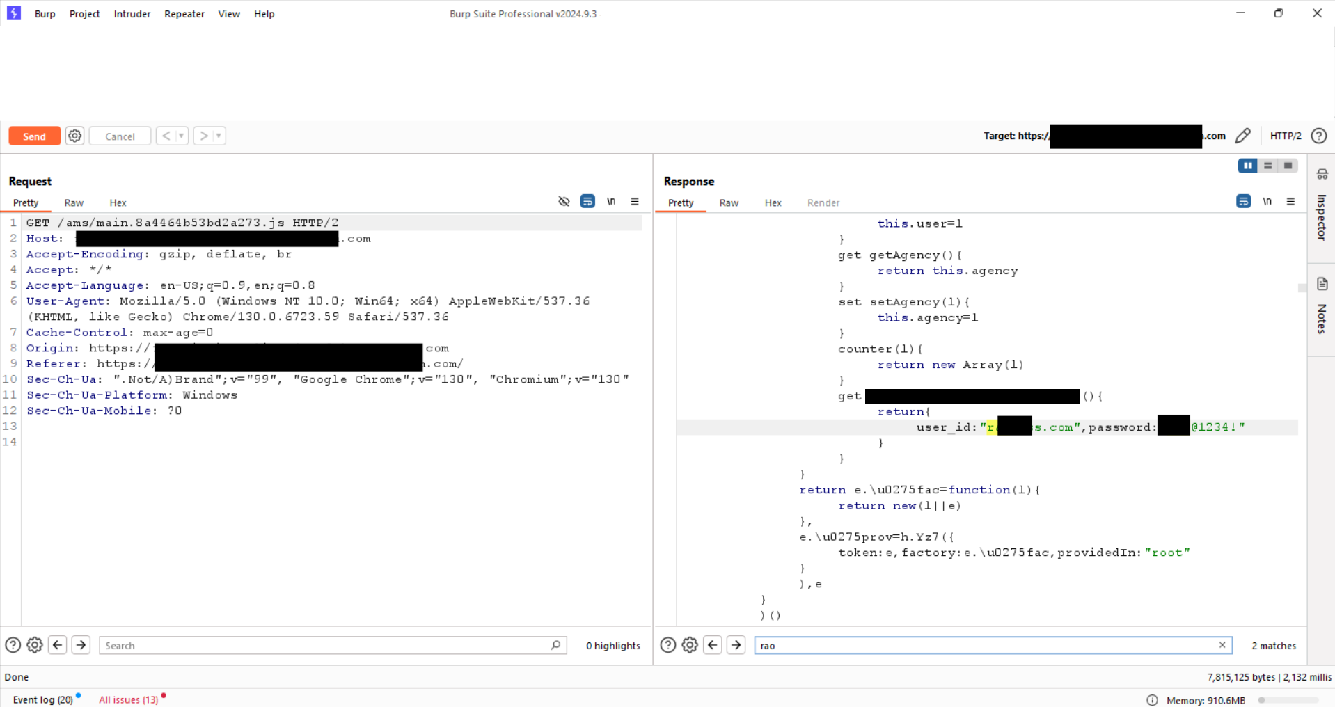 Burp Suite Repeater showing the raw response of main.8a4464b53bd2a273.js, with an internal getter returning a hardcoded user_id and password in plaintext