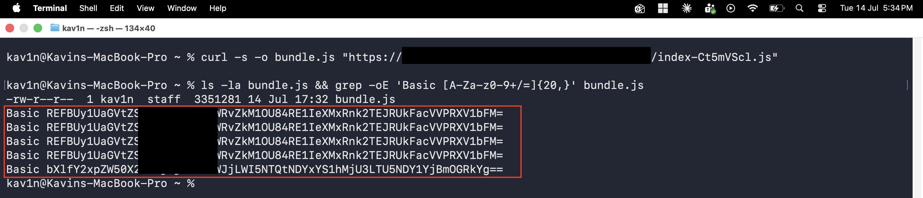 Terminal showing grep -oE matching five "Basic ..." authorization strings embedded inside the downloaded bundle.js file