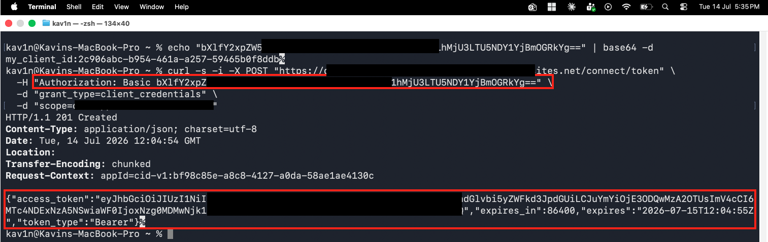 Terminal showing a POST to the connect/token endpoint returning HTTP/1.1 201 Created with a JSON body containing access_token, expires_in 86400, and token_type Bearer