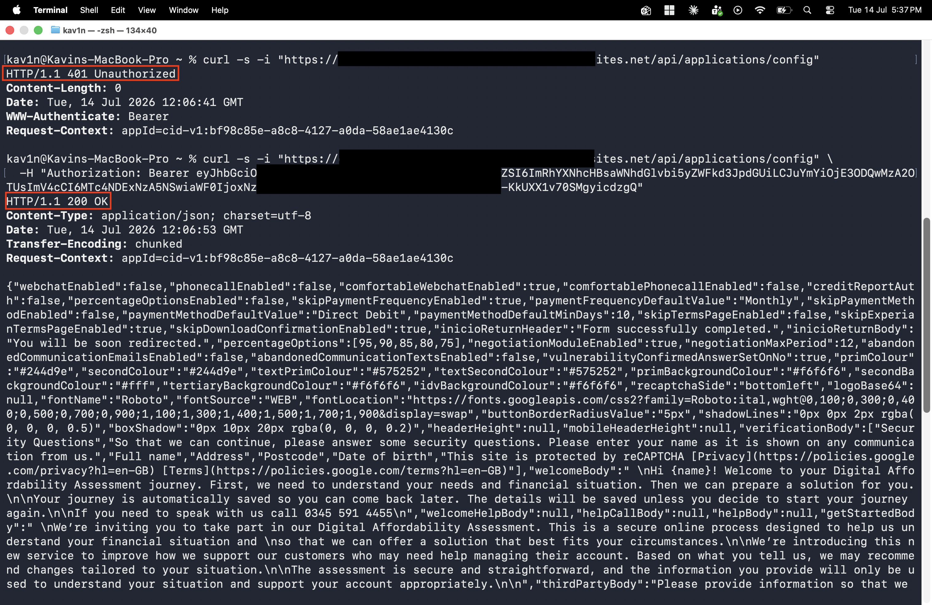 Terminal showing the same request now returning HTTP/1.1 200 OK with a large JSON configuration payload describing the application's business logic, branding, and verification flow