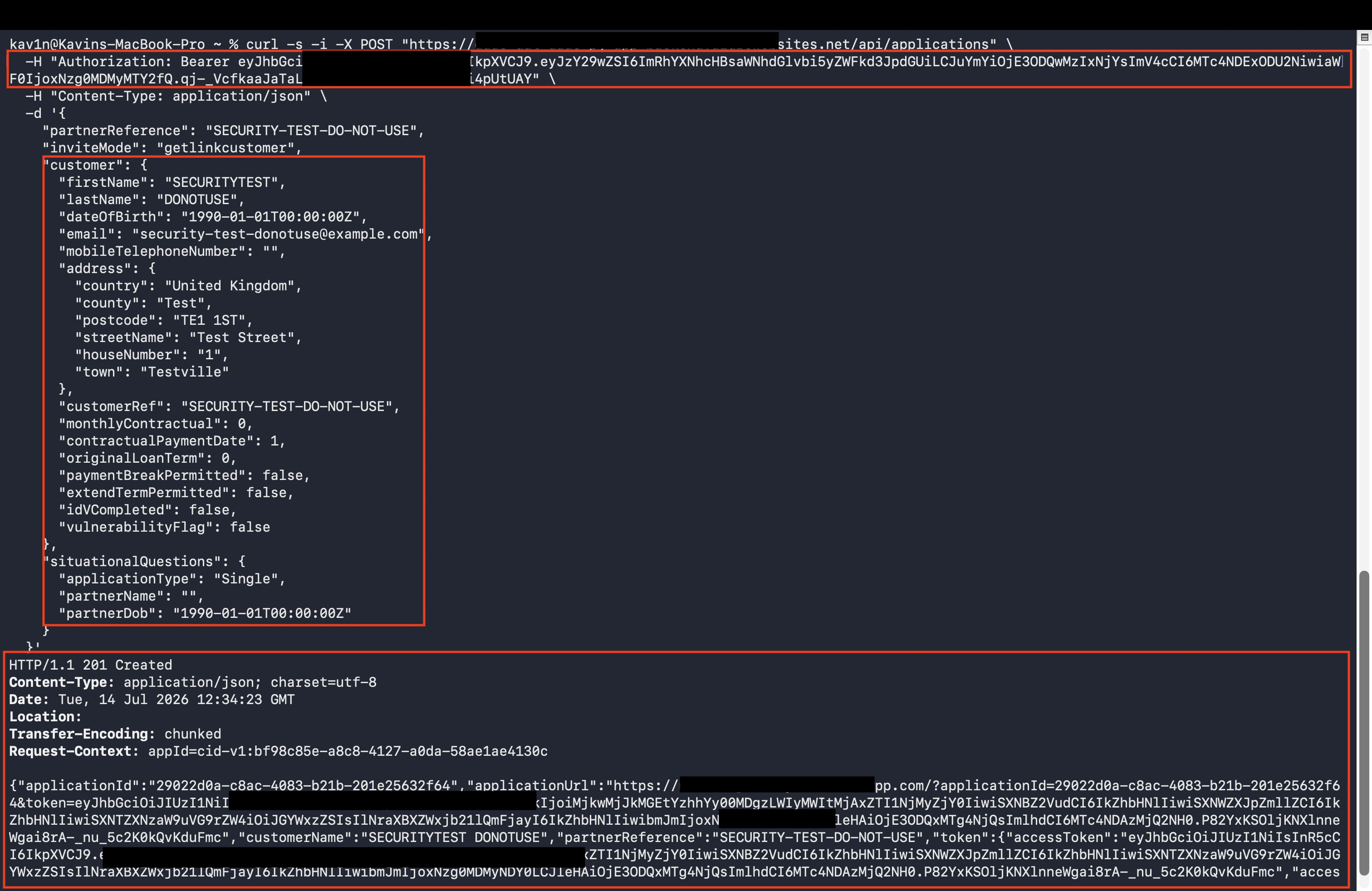 Terminal showing a POST to the applications endpoint returning HTTP/1.1 201 Created with a JSON body containing a new applicationId, applicationUrl, customerName, and a fresh accessToken