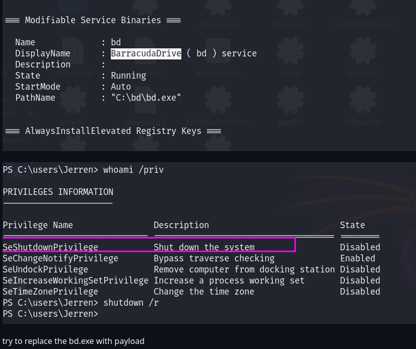 winPEAS flagging the bd (BarracudaDrive) service as a modifiable service binary, followed by whoami /priv showing SeShutdownPrivilege
