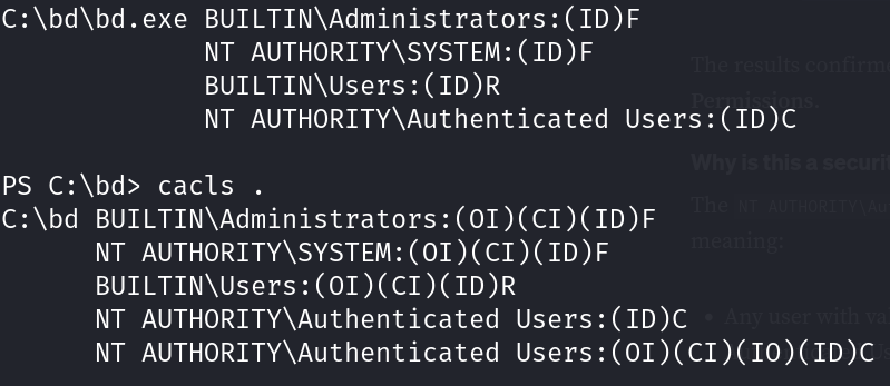 icacls and cacls output on bd.exe and its containing folder, showing NT AUTHORITY\Authenticated Users holding (C) Change rights