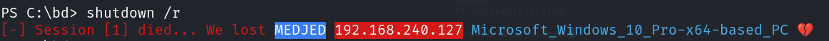 shutdown /r triggering a restart, with the existing session dying as the machine goes down