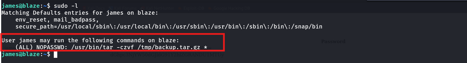 sudo -l showing james can run /usr/bin/tar -czvf /tmp/backup.tar.gz * as root with NOPASSWD