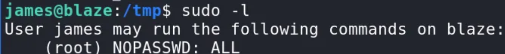 sudo -l after the payload ran, now showing (root) NOPASSWD: ALL for james