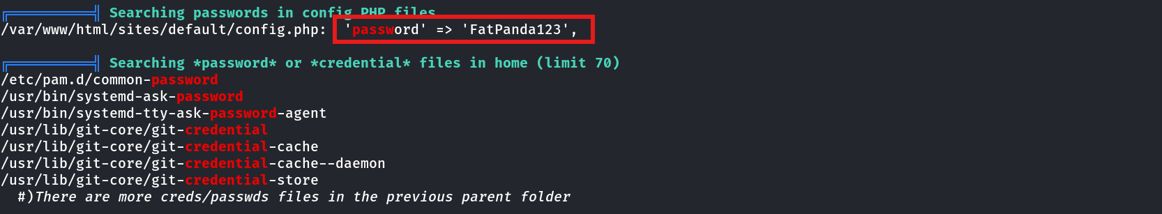LinPEAS output highlighting a plaintext password inside a PHP config file