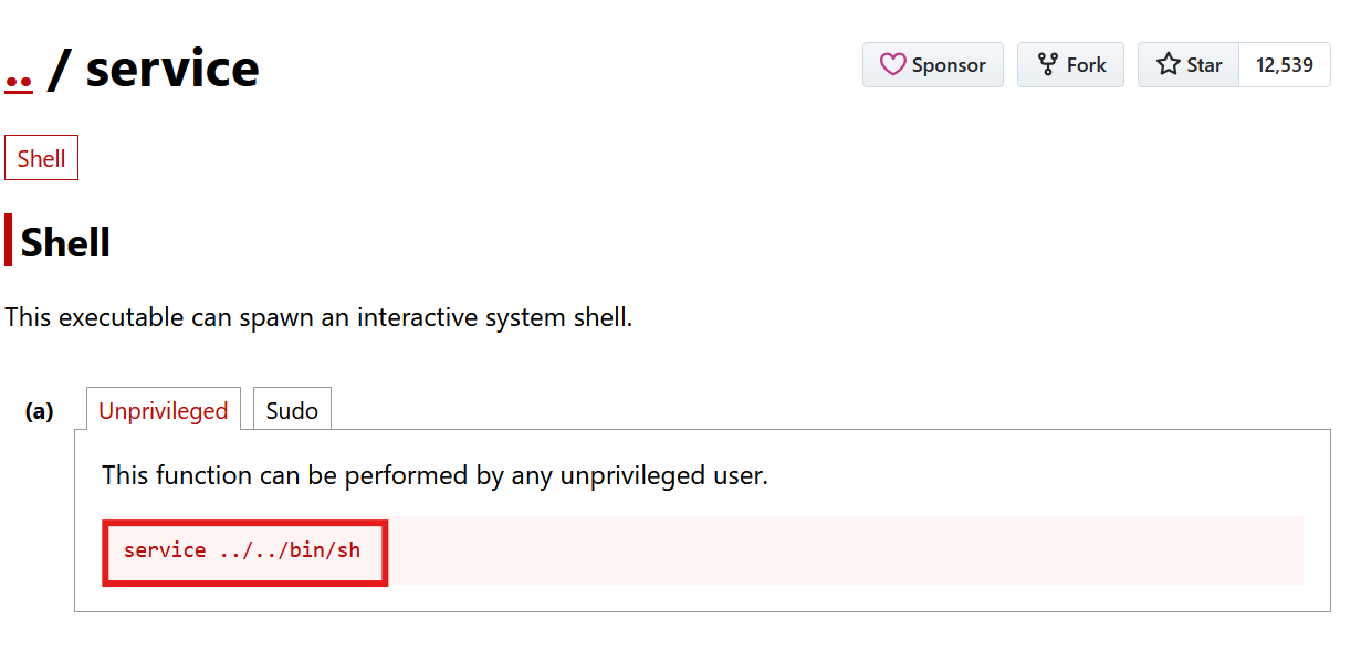 GTFOBins service entry documenting the "service ../../bin/sh" shell escape
