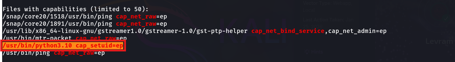 getcap -r / output listing files with capabilities, with /usr/bin/python3.10 cap_setuid=ep highlighted