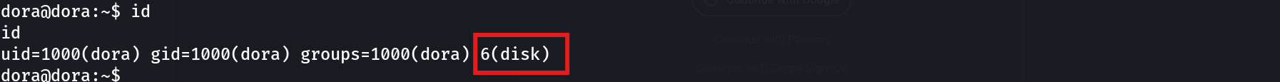 id output showing dora belongs to group 6(disk)