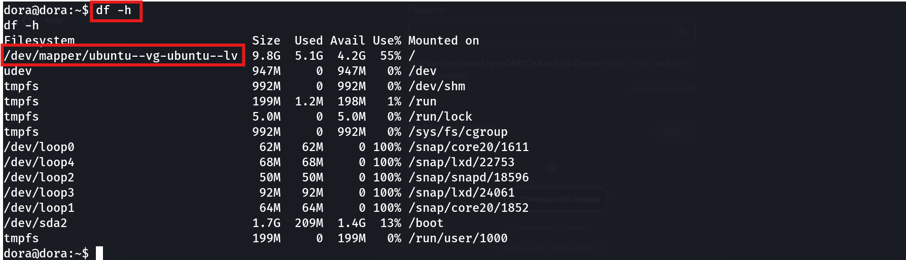 df -h output showing /dev/mapper/ubuntu--vg-ubuntu--lv mounted at /