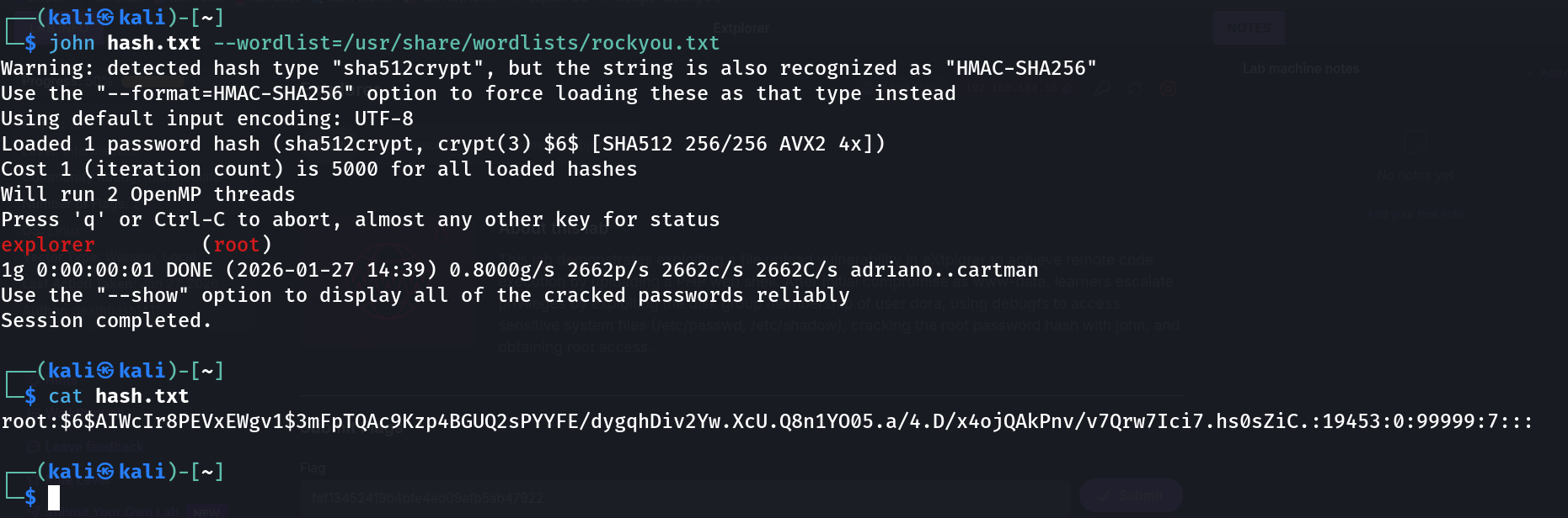 John the Ripper cracking the root hash, recovering the plaintext password