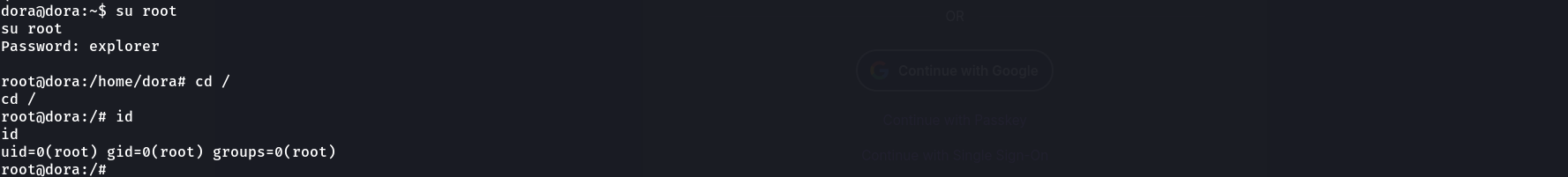 su root using the cracked password, confirmed by id showing uid=0(root)
