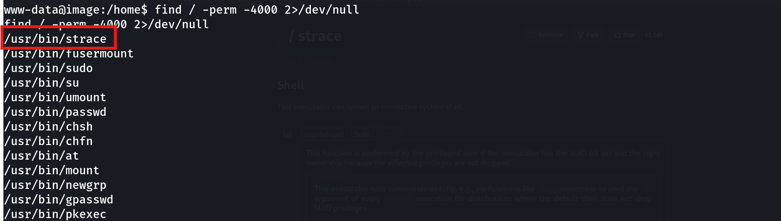 find -perm -4000 output listing SUID binaries, with /usr/bin/strace at the top